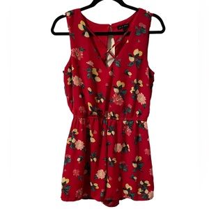 As U Wish Womens Red Floral Sleeveless Romper Keyhole Back Sz M